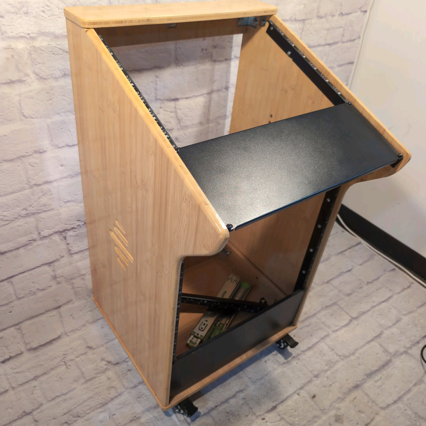 STBR-M11X12 DIY 12U Carbonized Bamboo Studio Rack w/ 11U Slant Mixer Top, 12-15U Casters for Recording Room