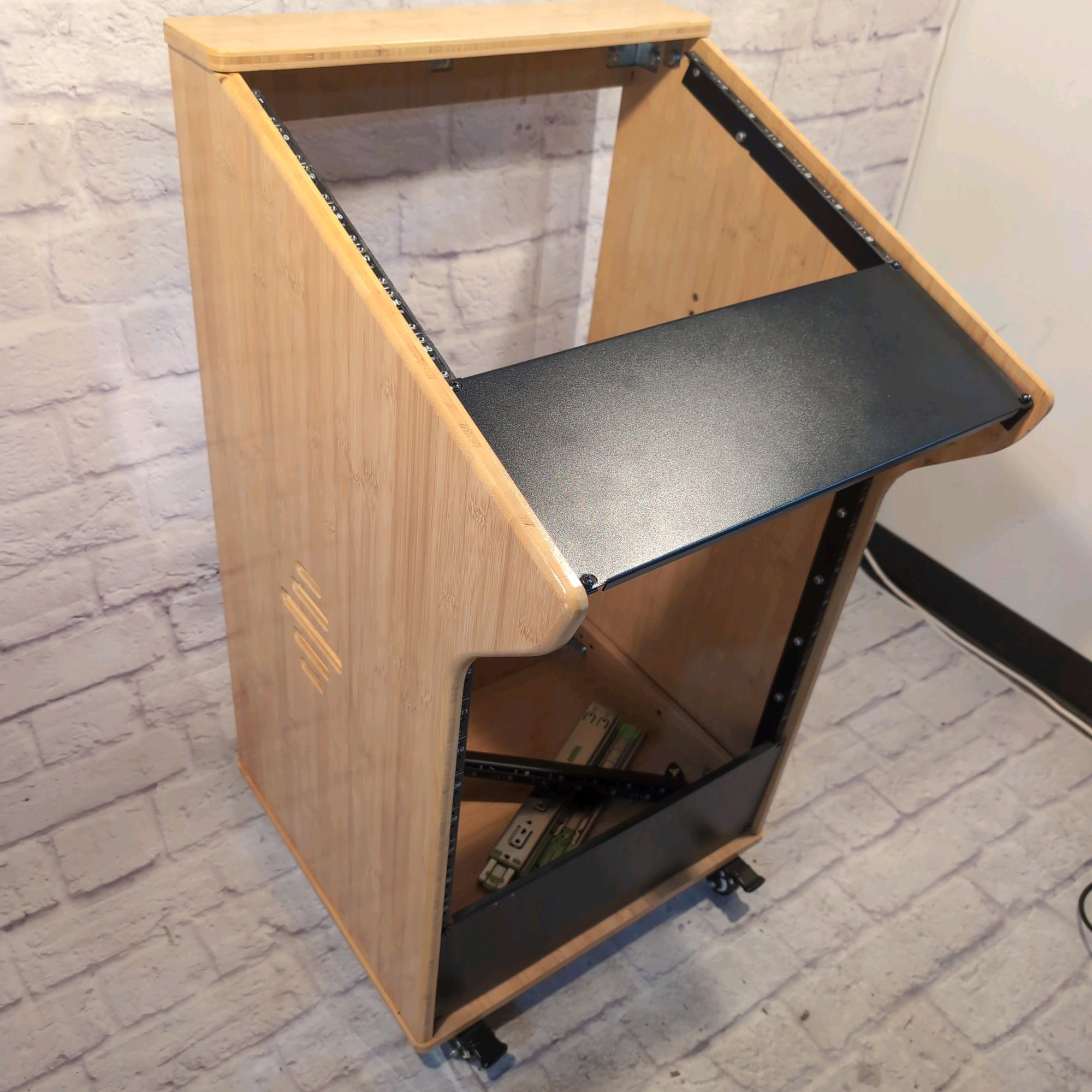 STBR-M11X12 DIY 12U Carbonized Bamboo Studio Rack w/ 11U Slant Mixer Top, 12-15U Casters for Recording Room
