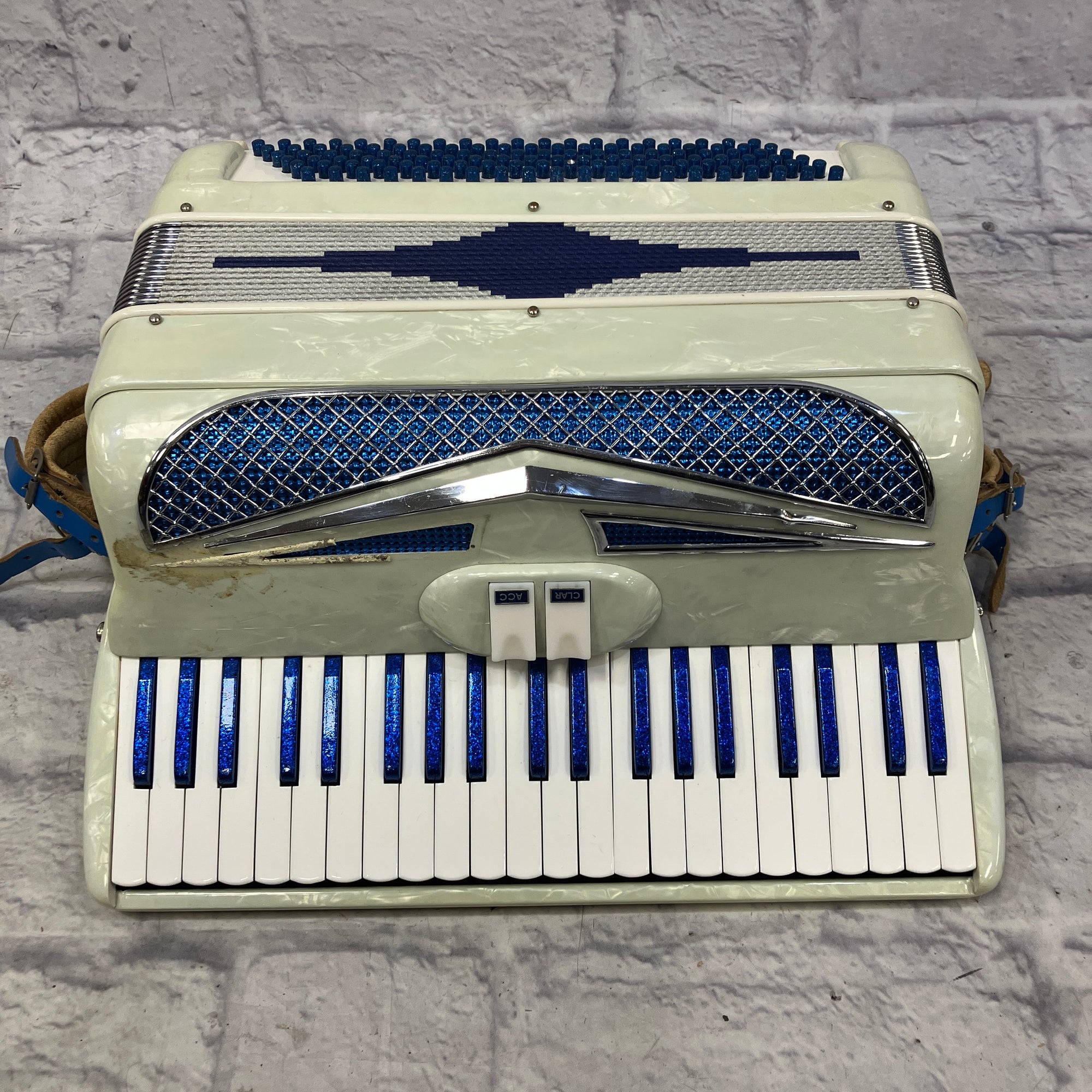 Vintage Italian Accordion Model C10 White with Blue Sparkle Keys