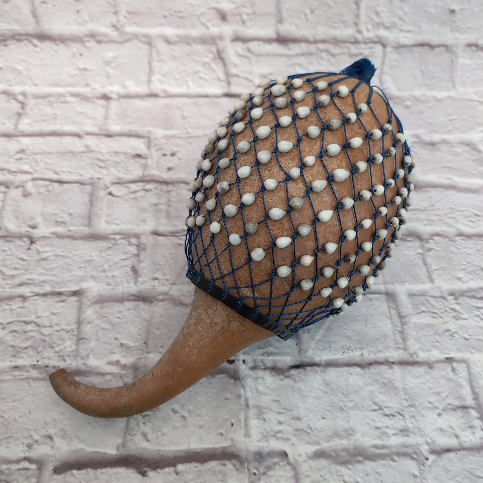 Handcrafted African Shekere - Authentic Gourd Percussion Instrument with Blue Beaded Netting
