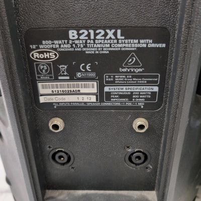 Behringer B212XL 800W Two Way Speakers (Pair)