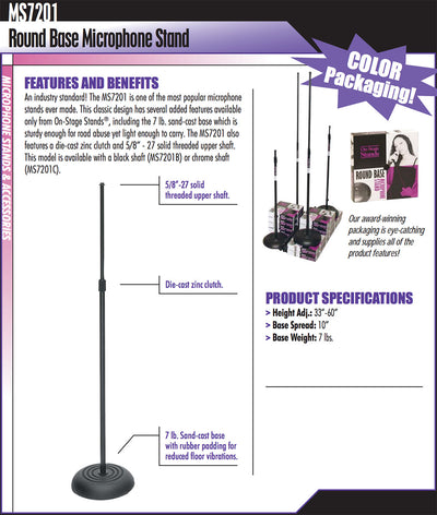 On-Stage MS7201B Round Base Straight Mic Stand (Black)