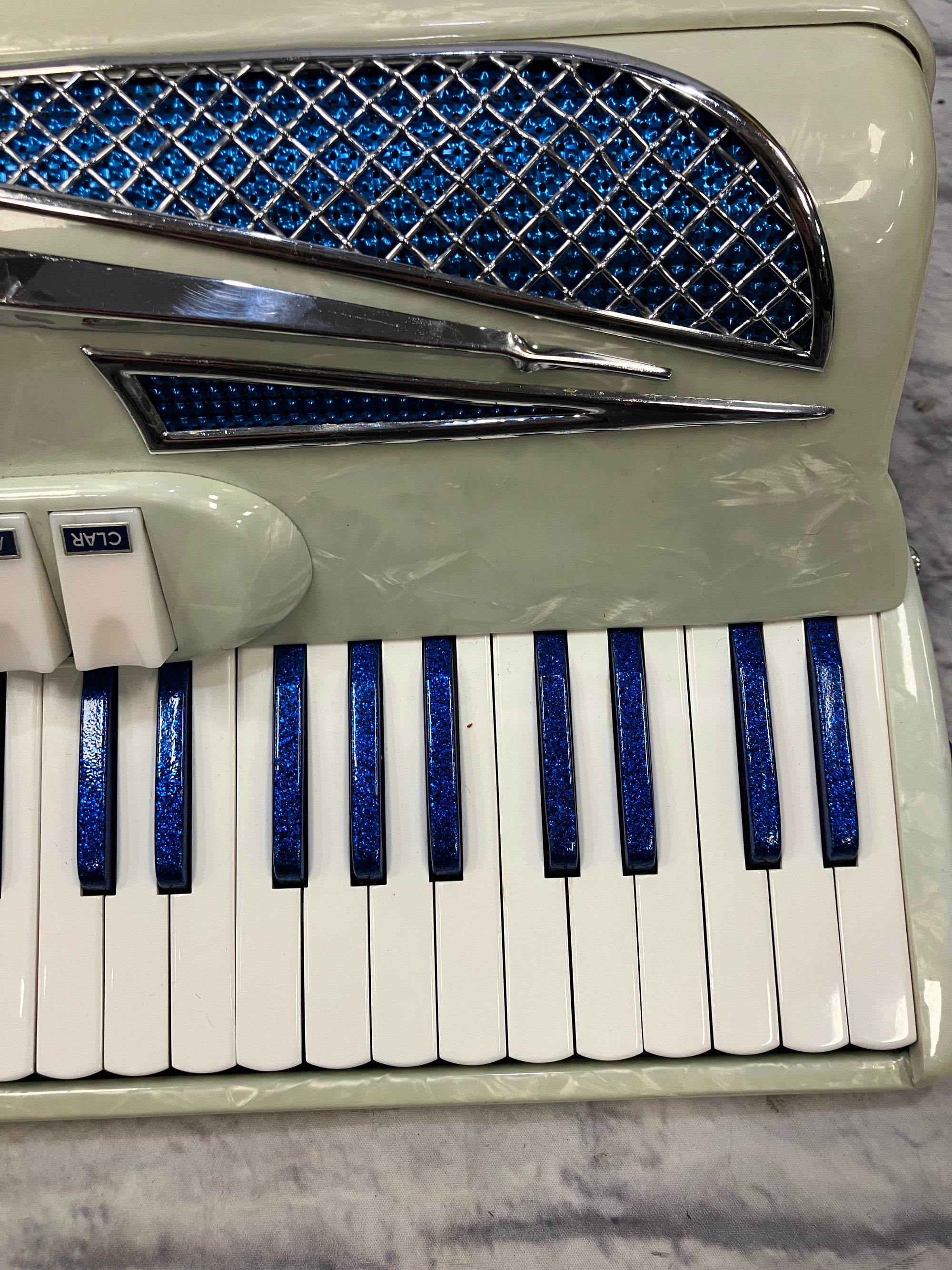 Vintage Italian Accordion Model C10 White with Blue Sparkle Keys