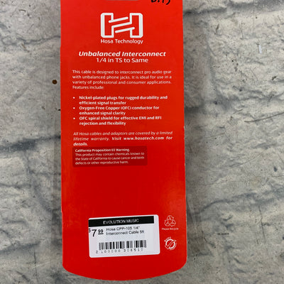 Hosa CPP-105 1/4" Interconnect Cable 5ft
