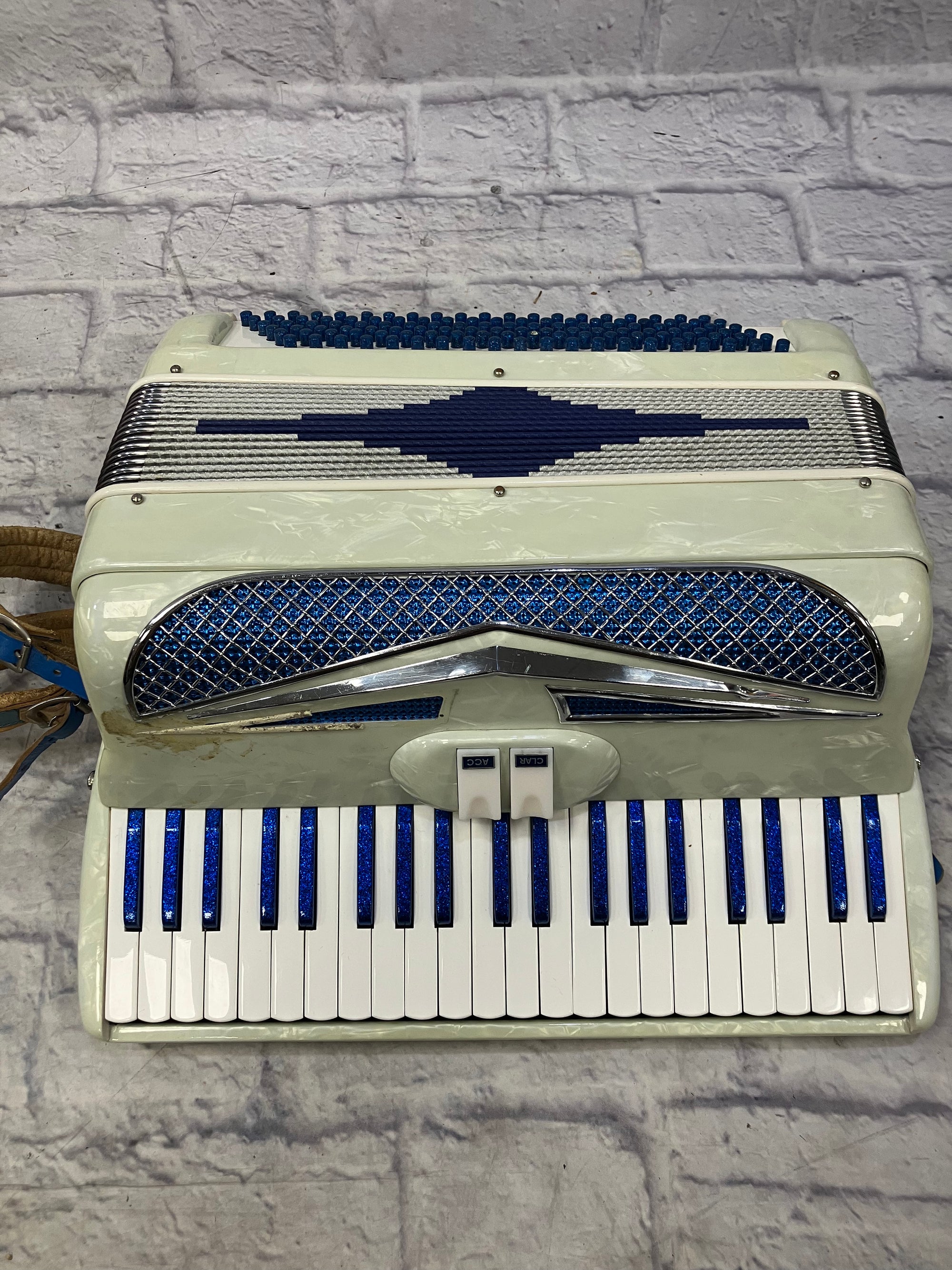 Vintage Italian Accordion Model C10 White with Blue Sparkle Keys