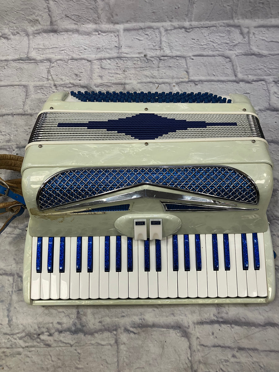 Vintage Italian Accordion Model C10 White with Blue Sparkle Keys