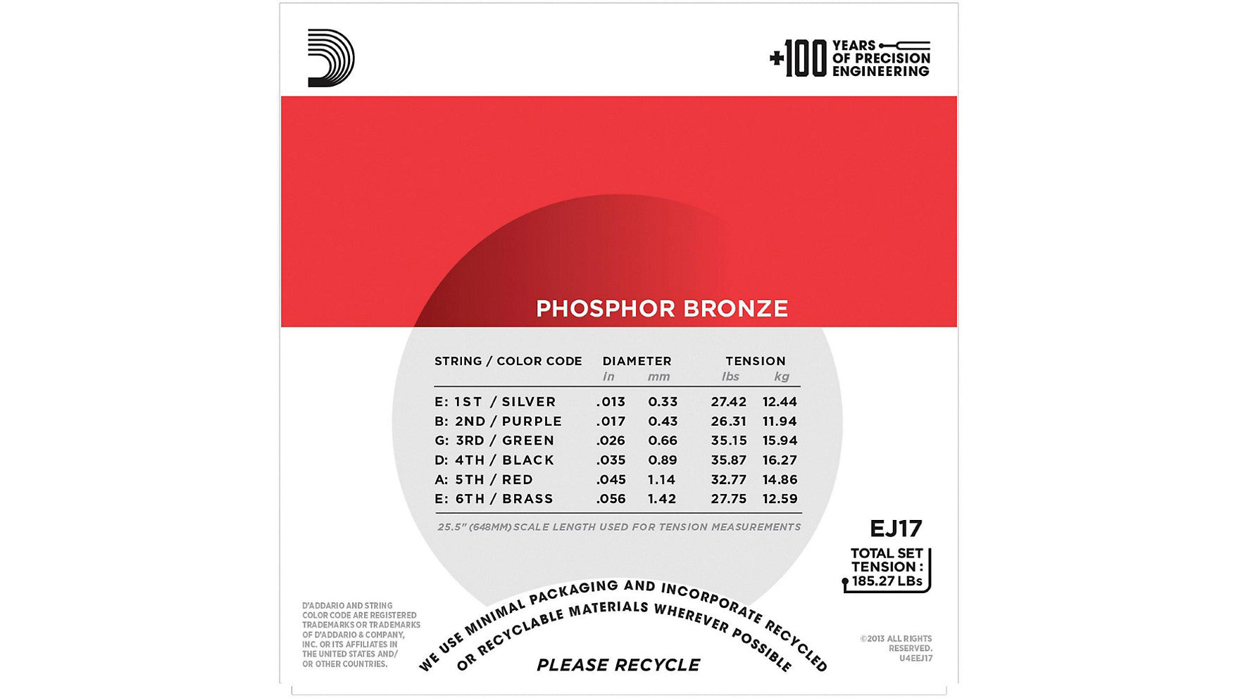 D'Addario EJ17 Medium Phosphor Bronze Acoustic Strings 13-56