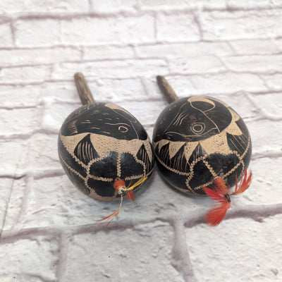 Handcrafted Peruvian Gourd Maracas with Intricate Bird Design - Authentic Folk Art Hand Percussion