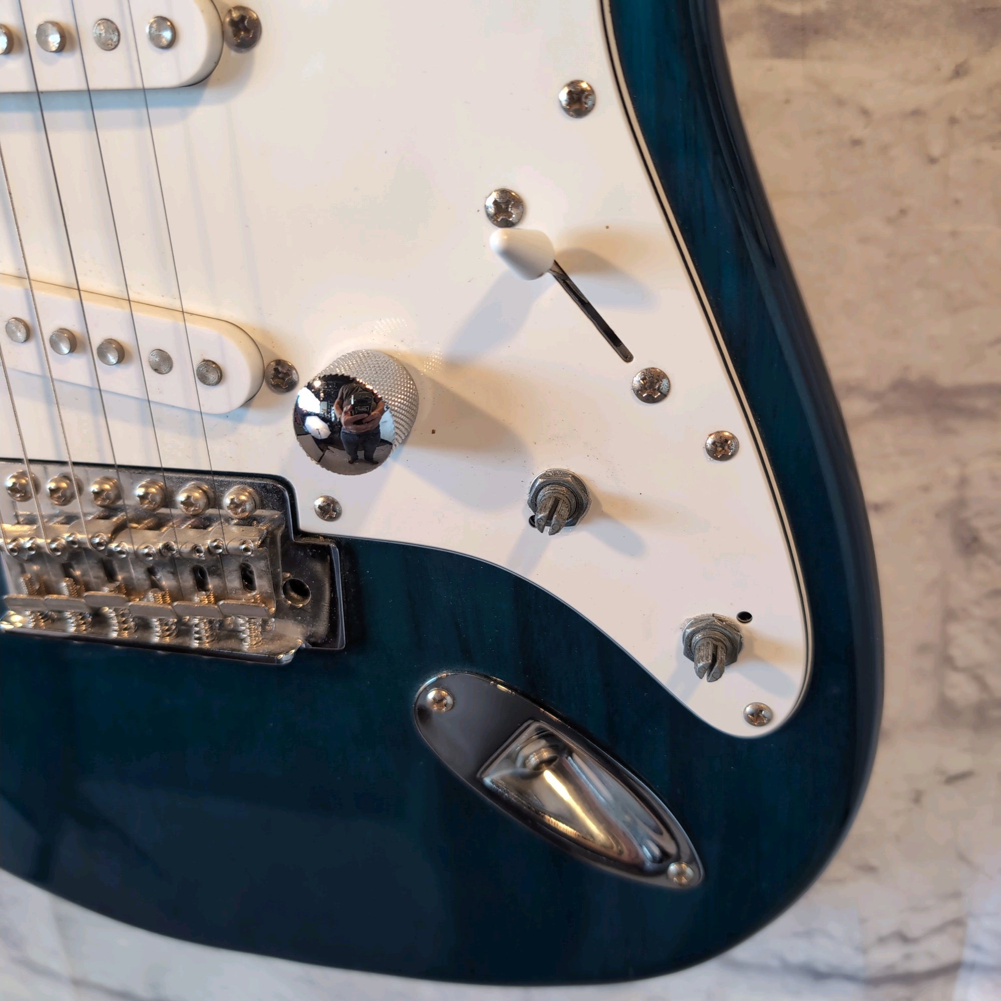 J Reynolds Transparent Teal Strat Style Electric Guitar