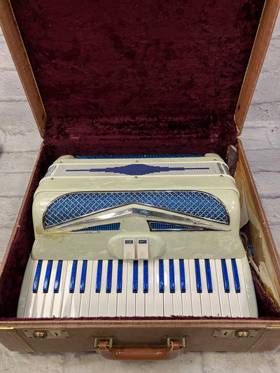 Vintage Italian Accordion Model C10 White with Blue Sparkle Keys