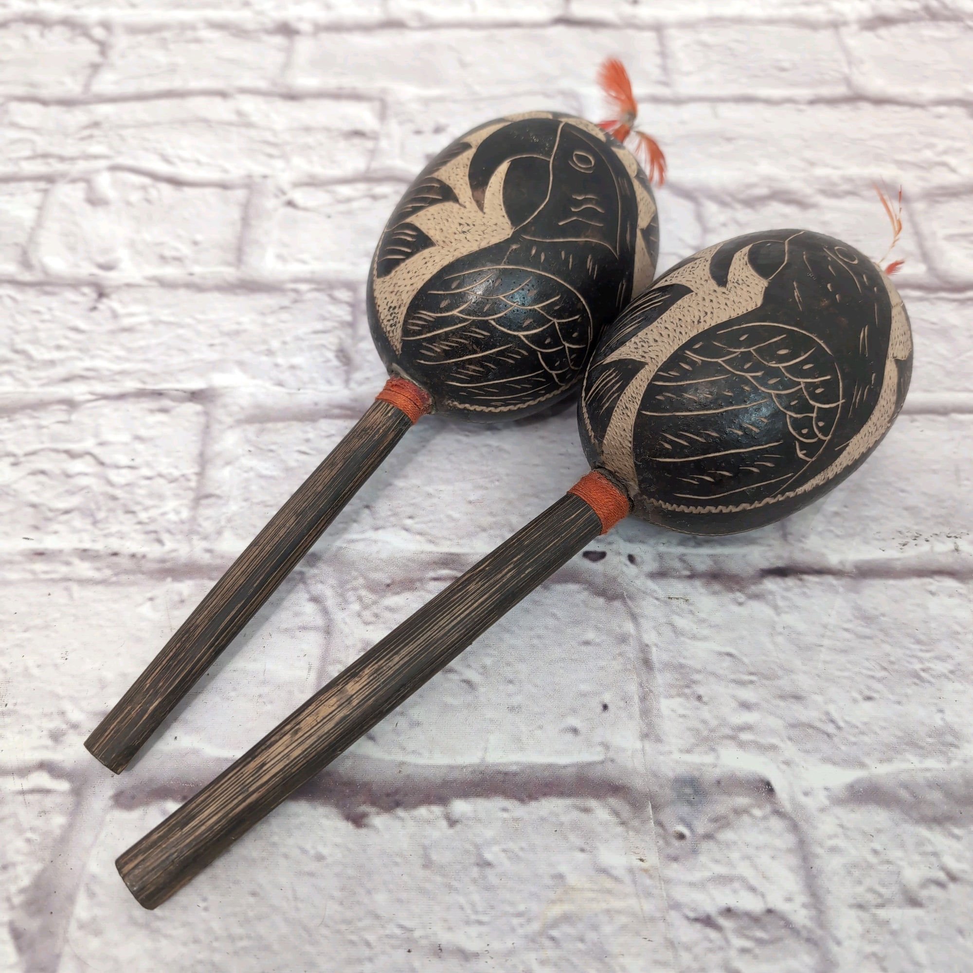 Handcrafted Peruvian Gourd Maracas with Intricate Bird Design - Authentic Folk Art Hand Percussion