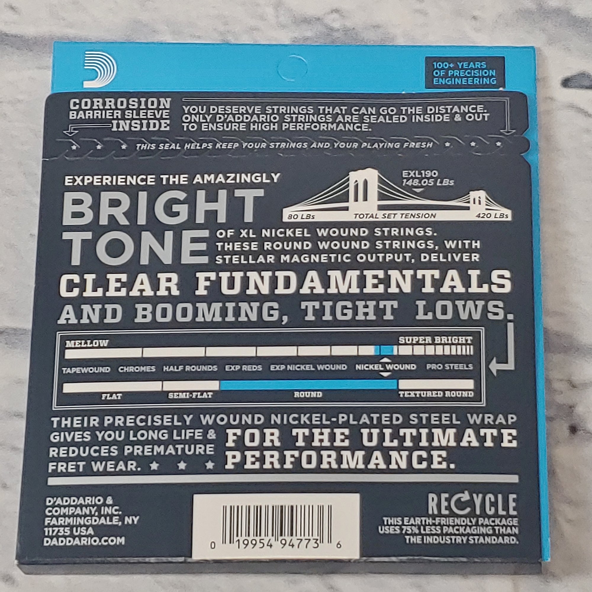 D'Addario Nickel Wound Round Wound Custom Light Gauge Long Scale 40-100 Electric Bass Strings