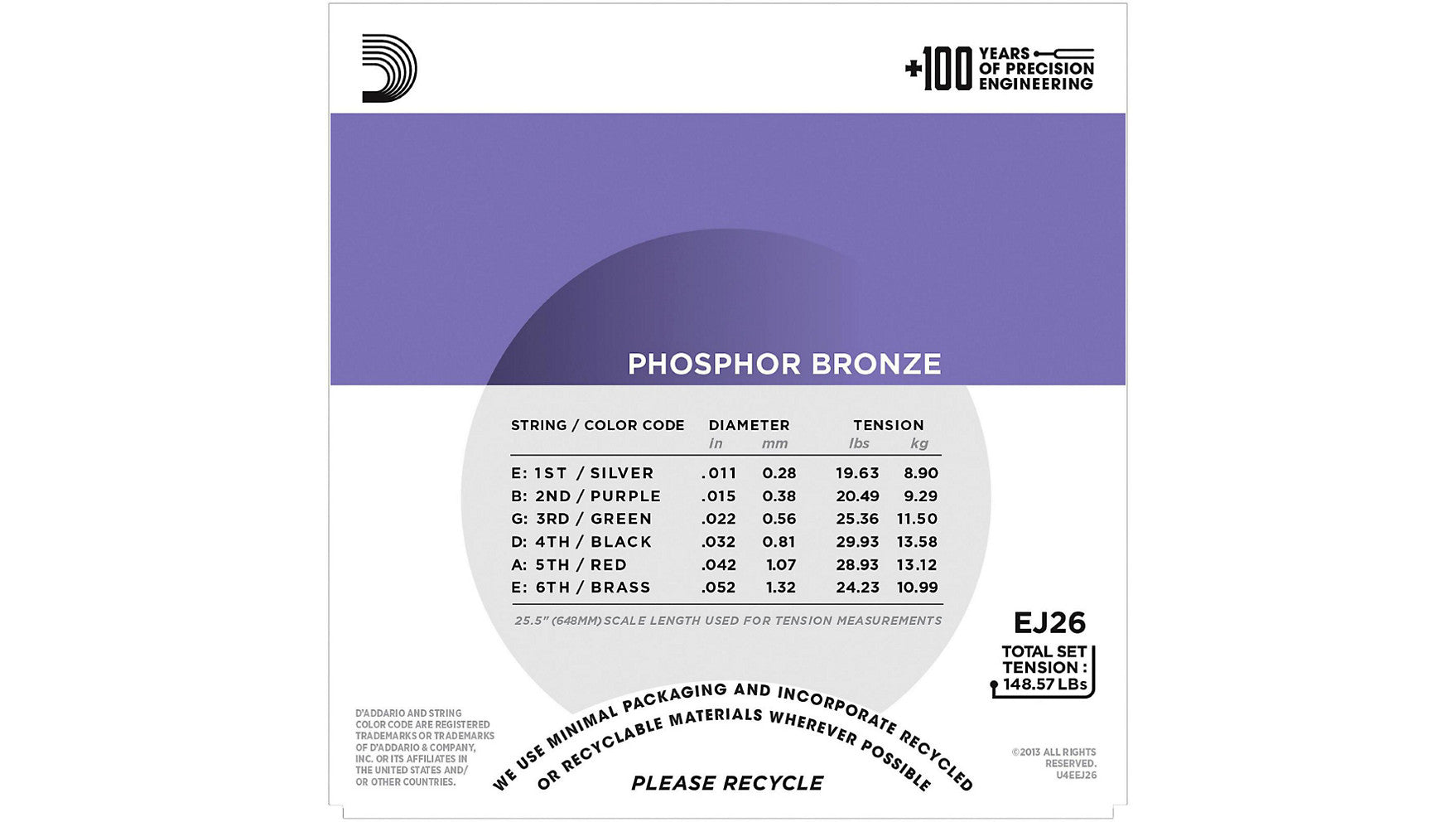 D'Addario EJ26 Custom Light Phosphor Bronze Acoustic Strings 11-52