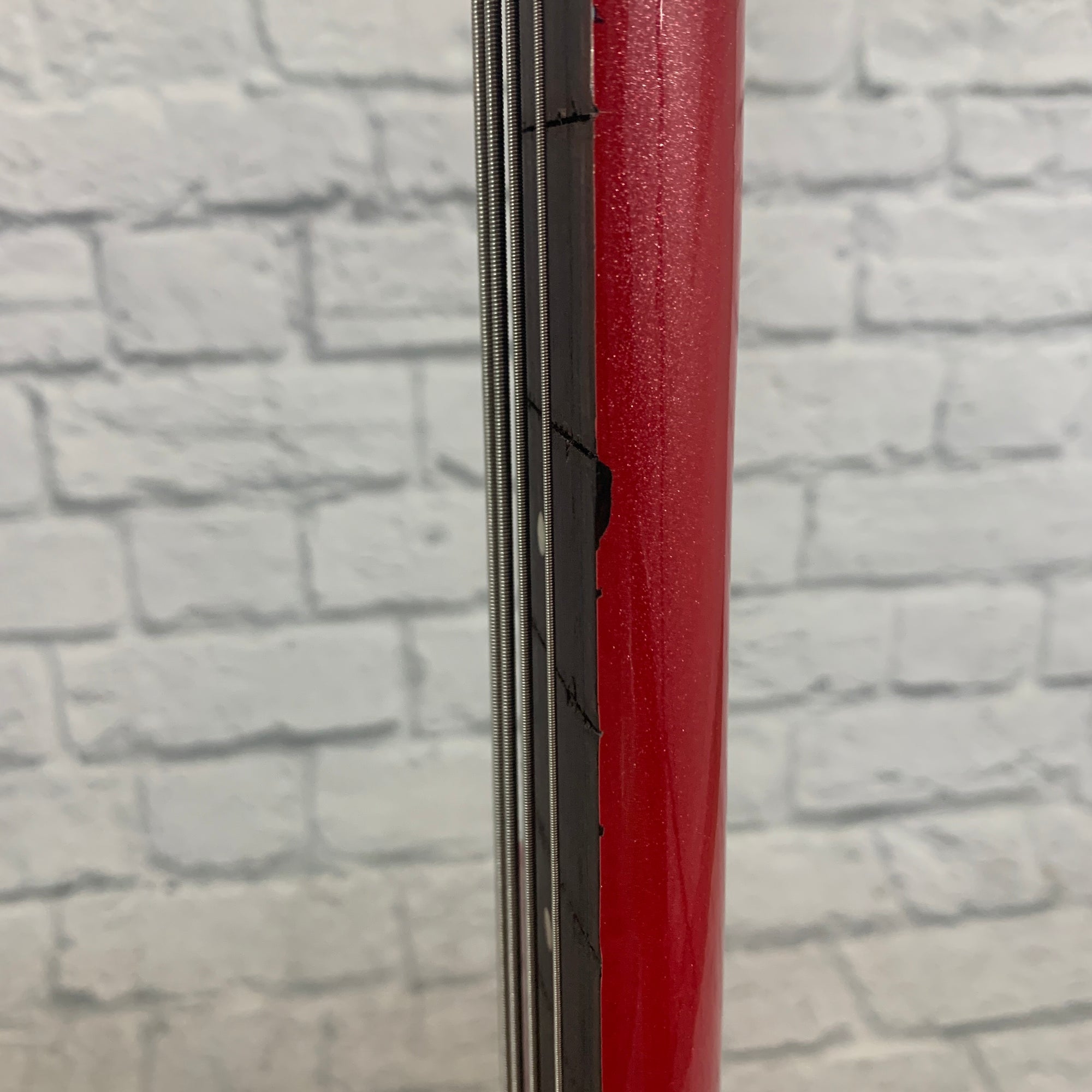 De-Fretted Crescent P-Bass 4 String - Red Glitter Matching Headstock