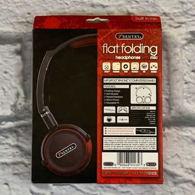 Sentry Flat Folding Stereo Headphones With Mic Red