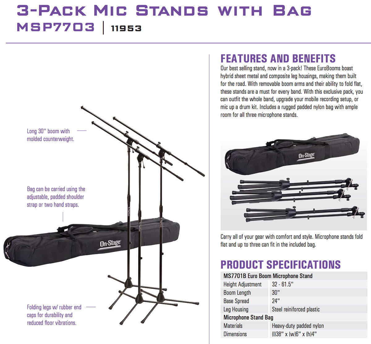 On-Stage MSP7703 3 PACK Euroboom Mic Stands w Bag