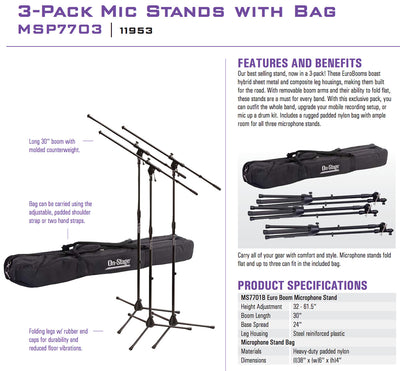 On-Stage MSP7703 3 PACK Euroboom Mic Stands w Bag