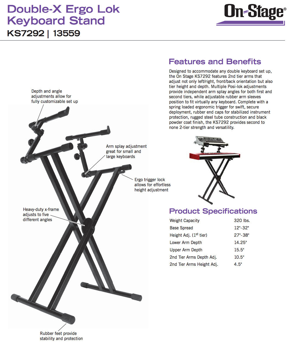 On-Stage KS7292 Double-X Ergo Lok Keyboard Stand with 2nd Tier