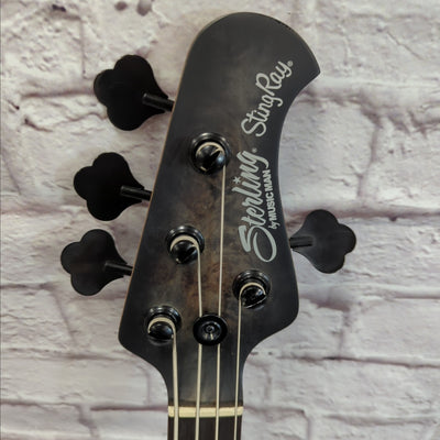 Sterling by Music Man Sting Ray Ray34 HH 4 String Bass Guitar Burl Top Trans Black Satin