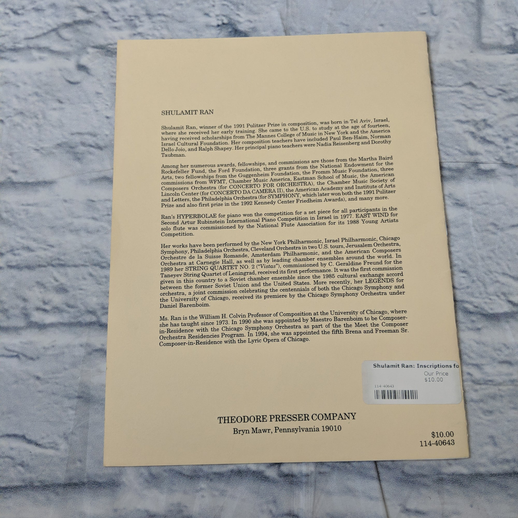 Shulamit Ran Inscription for solo violin