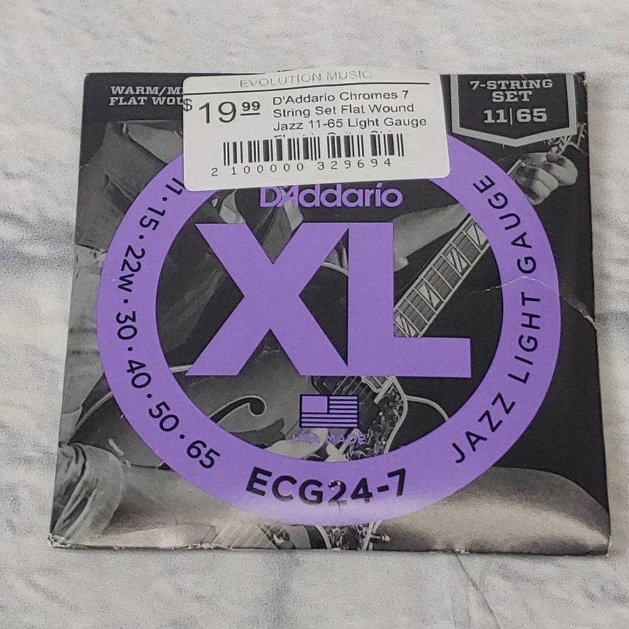D'Addario Chromes 7 String Set Flat Wound Jazz 11-65 Light Gauge Electric Guitar Strings