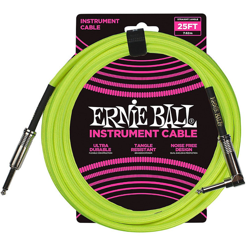 Ernie Ball 6057 25-Foot 1/4" Straight/Angle Braided Neon Yellow Guitar Cable