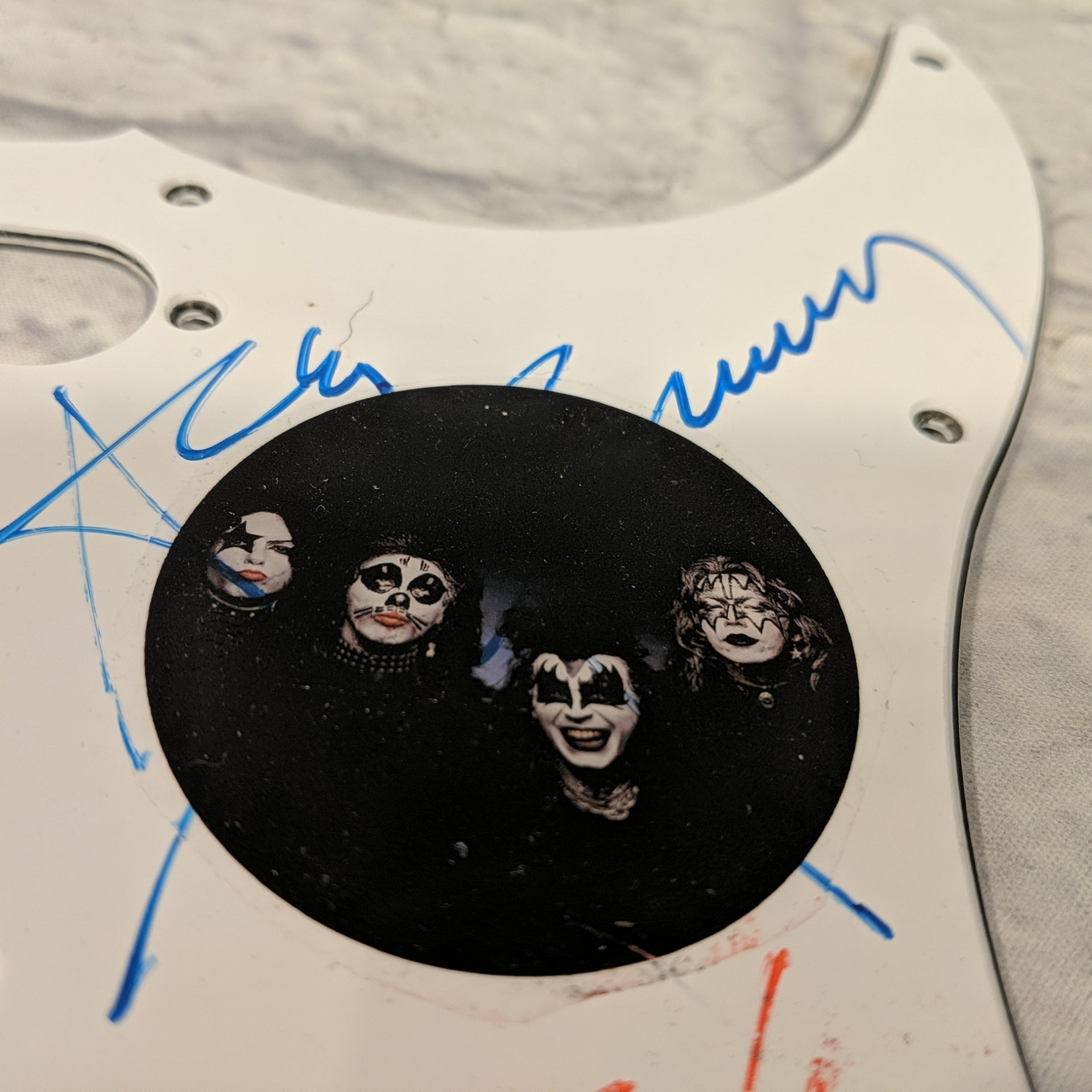 White Strat Pickguard Signed by KISS with Certificate of Authenticity