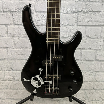 Squier by Fender MB-4 Skull and Crossbones 4 String Bass Guitar Black Metallic Sparkle