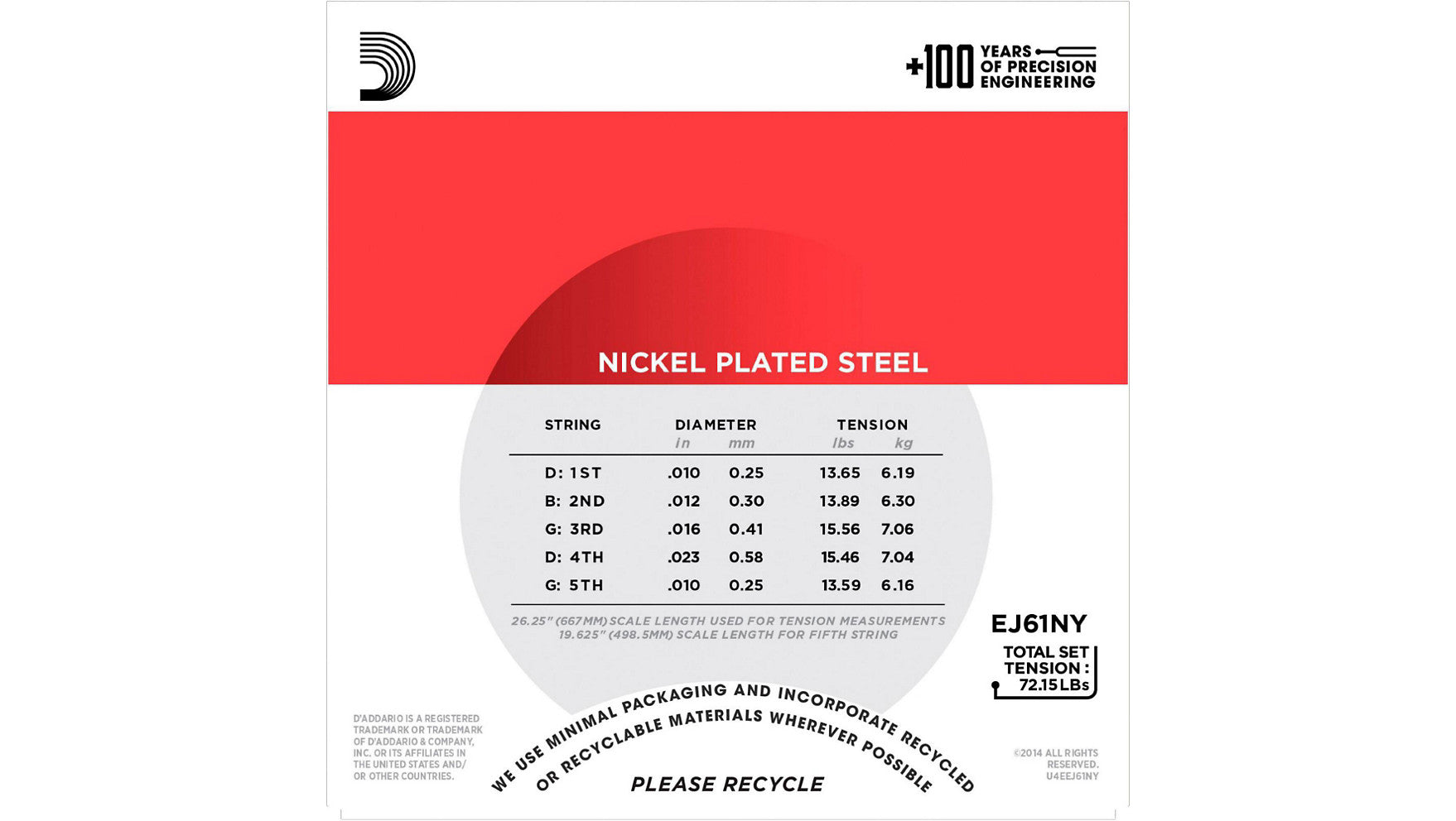 D'Addario EJ61NY 5-String Medium NY Steel Banjo Strings 10-23