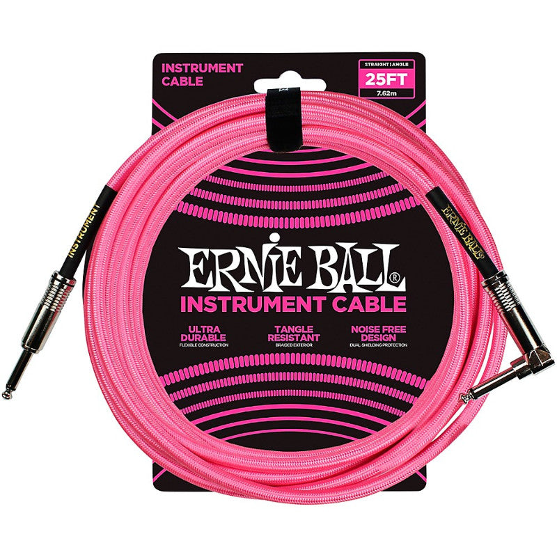 Ernie Ball 6065 25-Foot 1/4" Straight/Angle Braided Neon Pink Guitar Cable