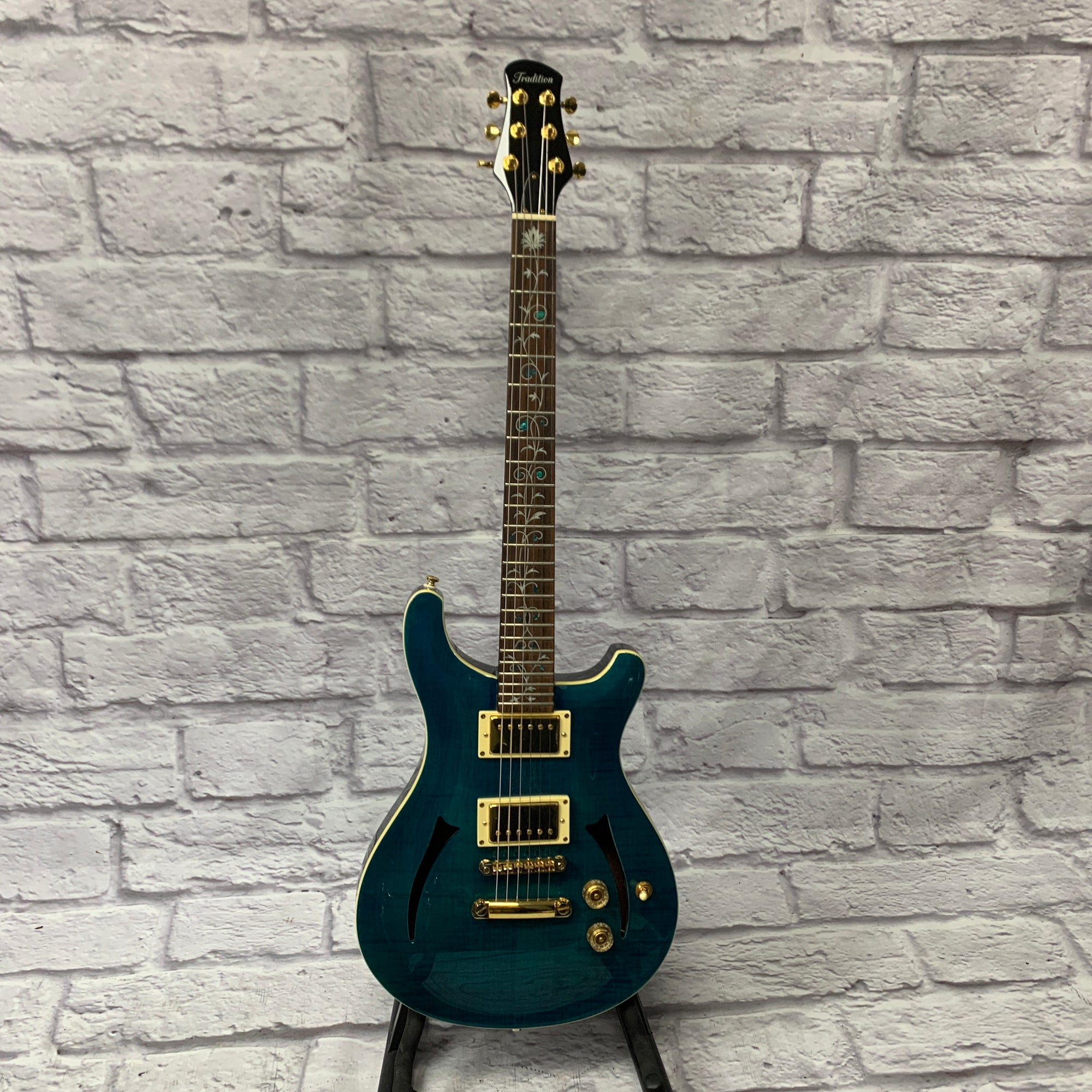 Tradition MTP-450 Semi Hollow Electric Guitar - Transparent Blue, Tree of Life Inlay, Hardshell Case