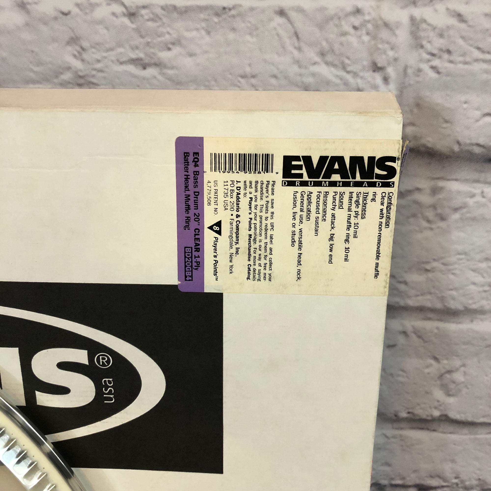 Evans EQ4 Clear 1ply Batter Bass Drum Head with Muffle Ring