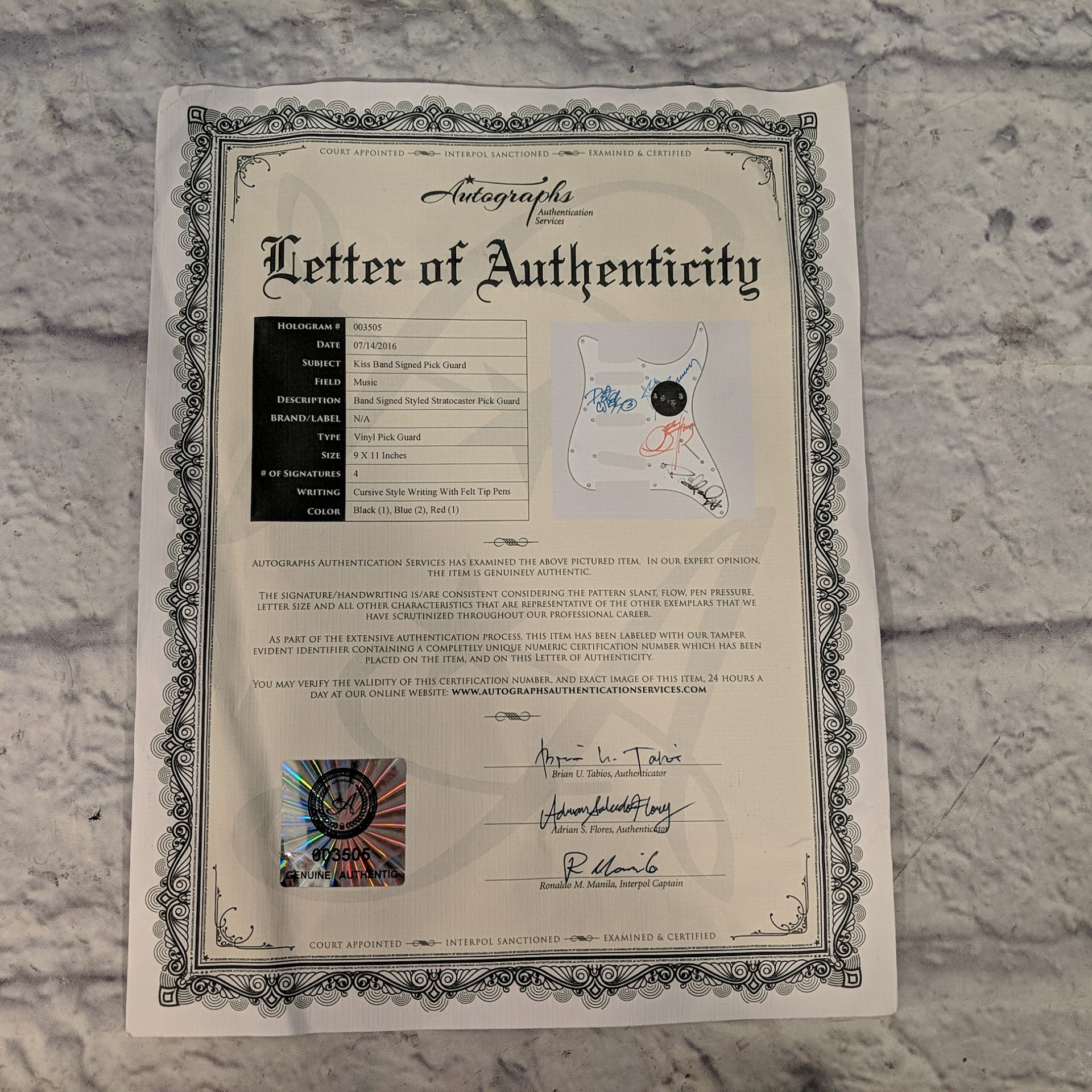 White Strat Pickguard Signed by KISS with Certificate of Authenticity