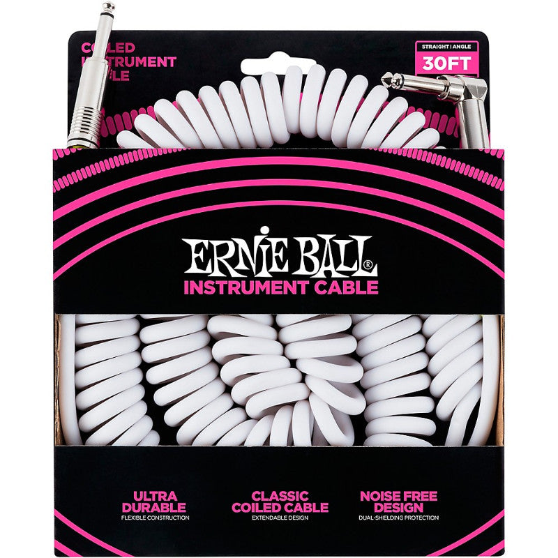 Ernie Ball Coiled Instrument Cable - Straight/Angle - White - 30'