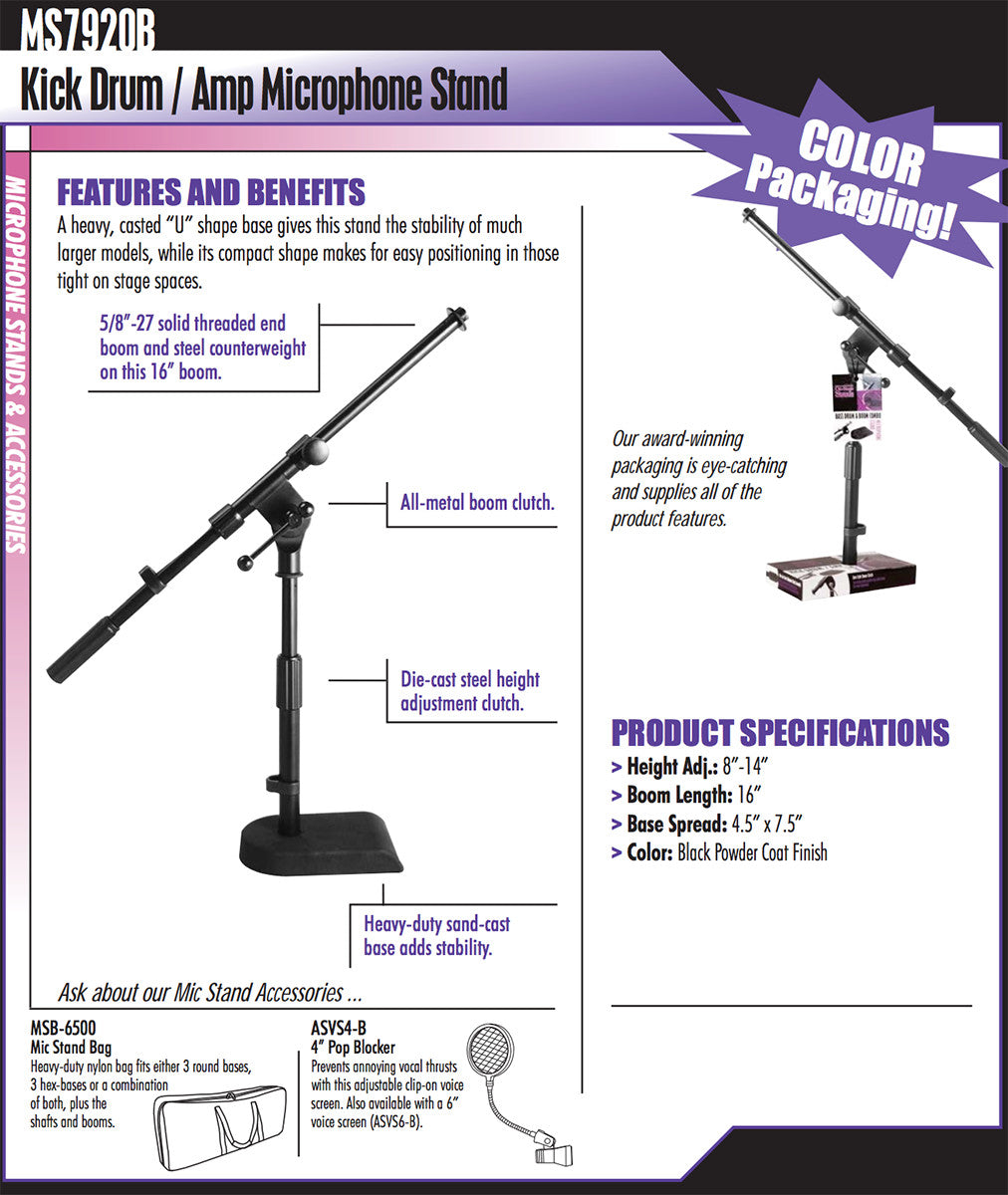 On-Stage MS7920B Amp and Bass Drum Short Microphone Boom Stand