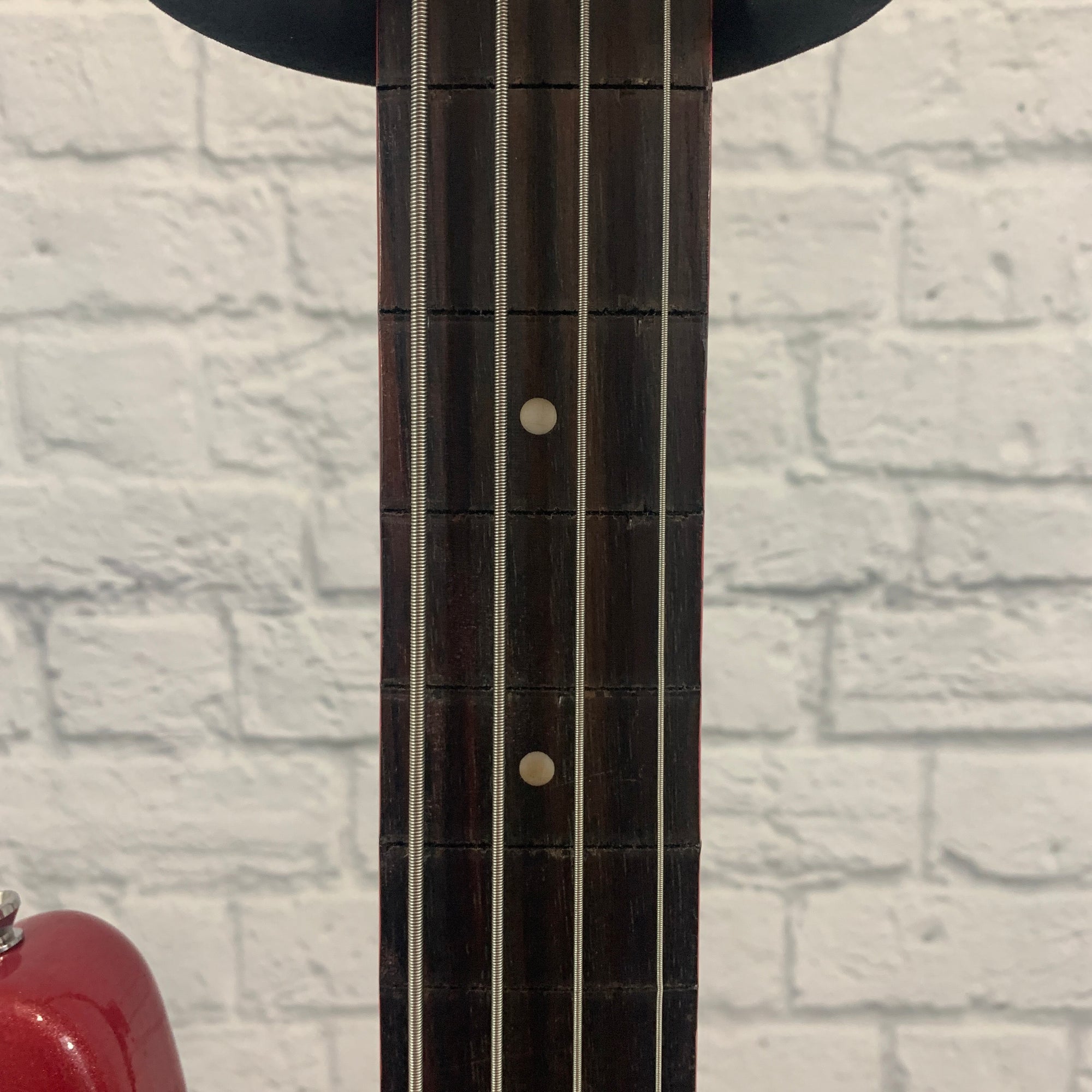 De-Fretted Crescent P-Bass 4 String - Red Glitter Matching Headstock