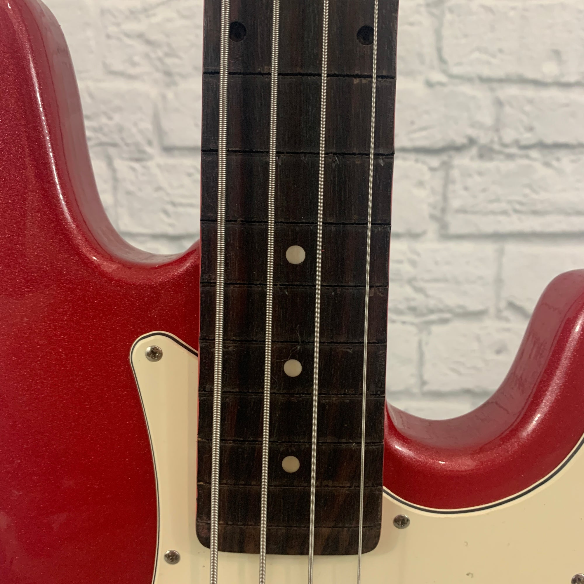 De-Fretted Crescent P-Bass 4 String - Red Glitter Matching Headstock