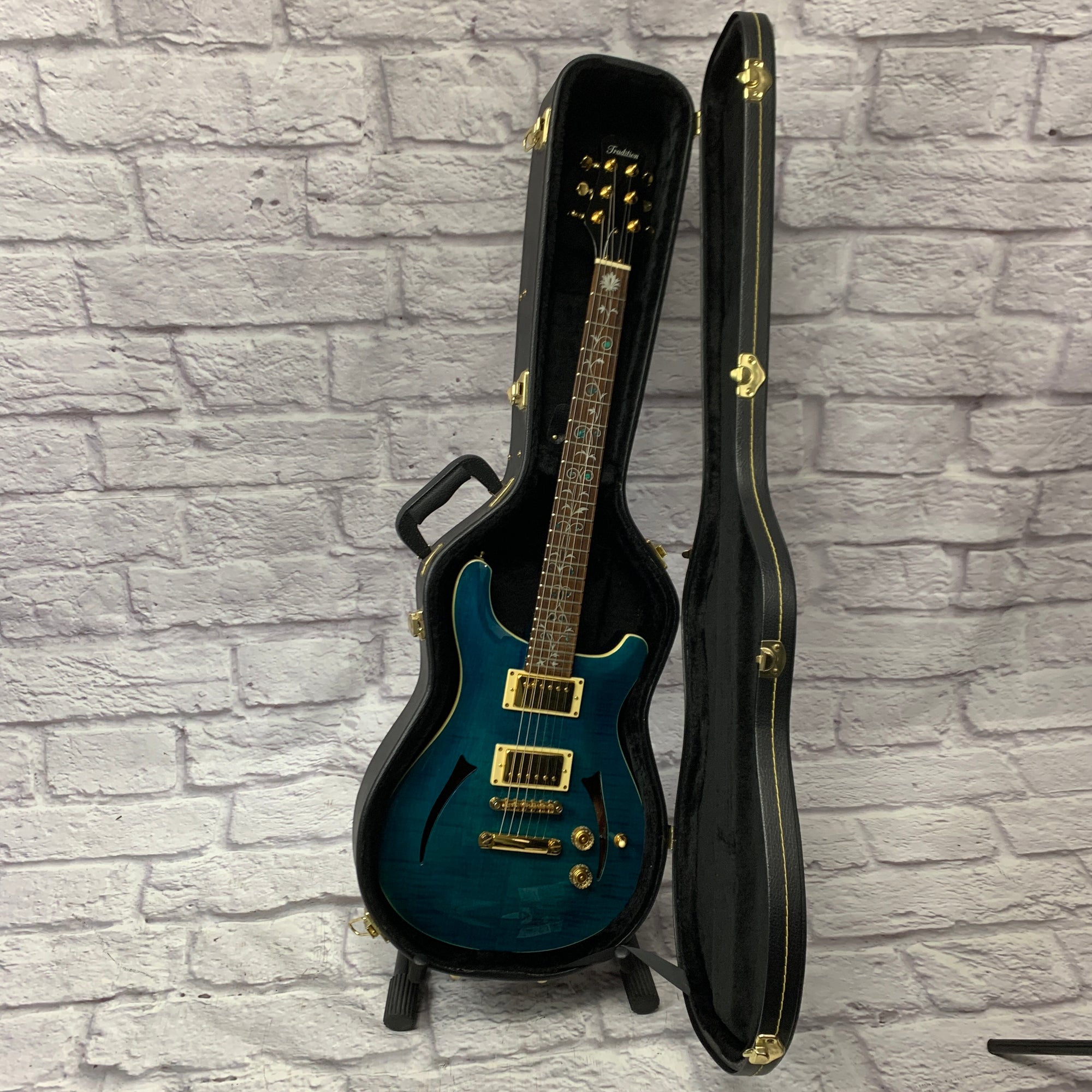Tradition MTP-450 Semi Hollow Electric Guitar - Transparent Blue, Tree of Life Inlay, Hardshell Case
