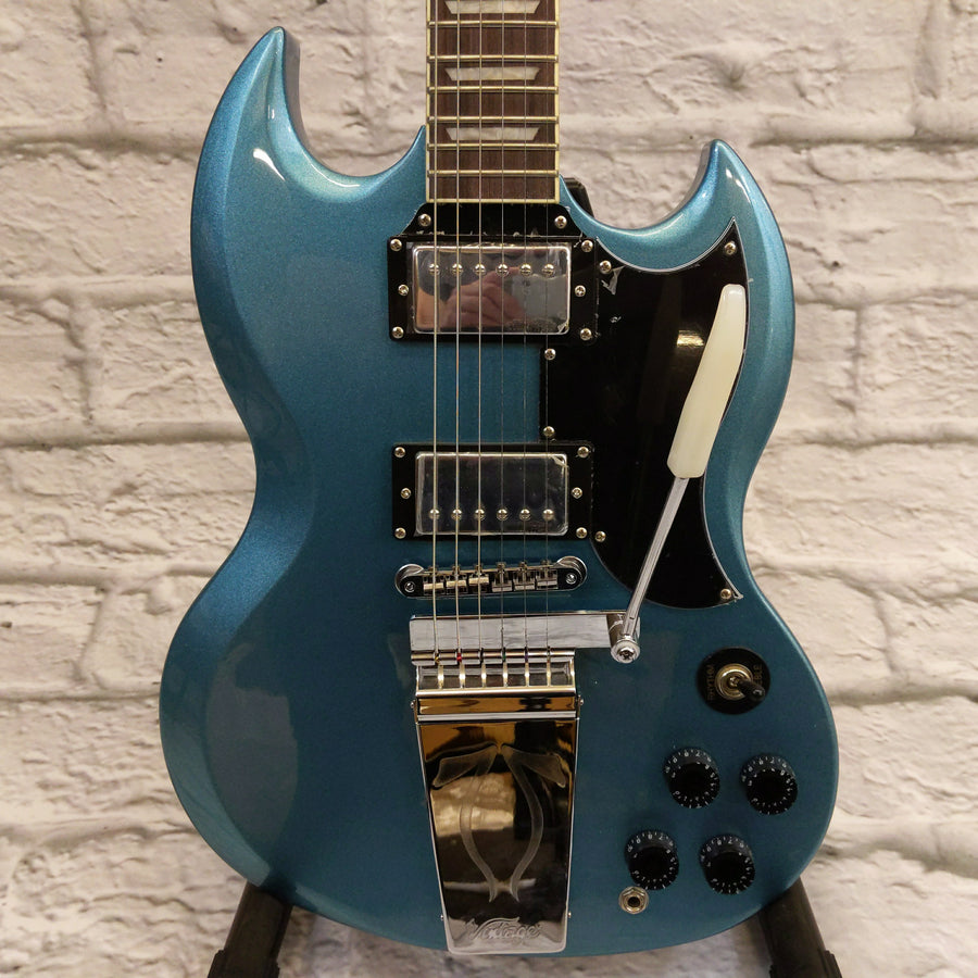 Vintage VS6VGHB Reissue Series Double Cut with Vibrola Tailpiece Gun Hill Blue