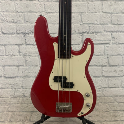 De-Fretted Crescent P-Bass 4 String - Red Glitter Matching Headstock