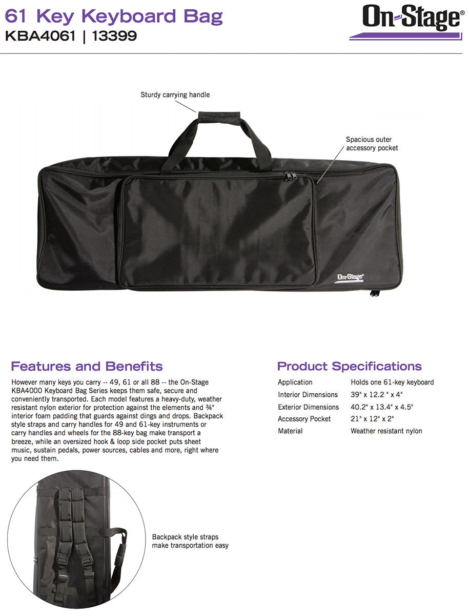 On-Stage KBA4061 61 Key Keyboard Gig Bag Case