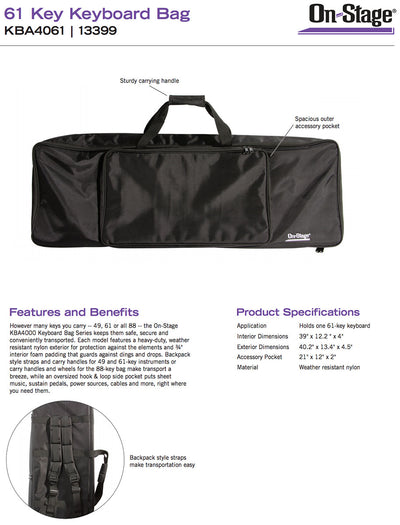 On-Stage KBA4061 61 Key Keyboard Gig Bag Case