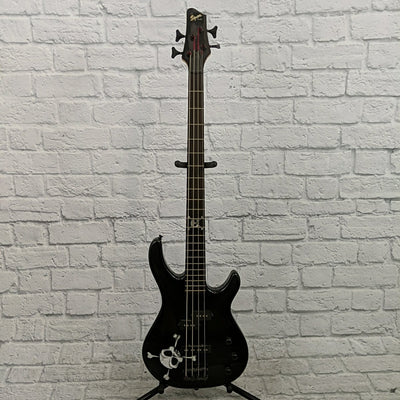 Squier by Fender MB-4 Skull and Crossbones 4 String Bass Guitar Black Metallic Sparkle