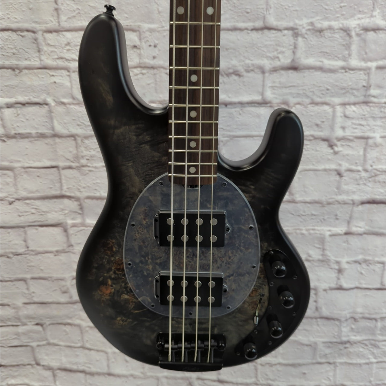 Sterling by Music Man Sting Ray Ray34 HH 4 String Bass Guitar Burl Top Trans Black Satin