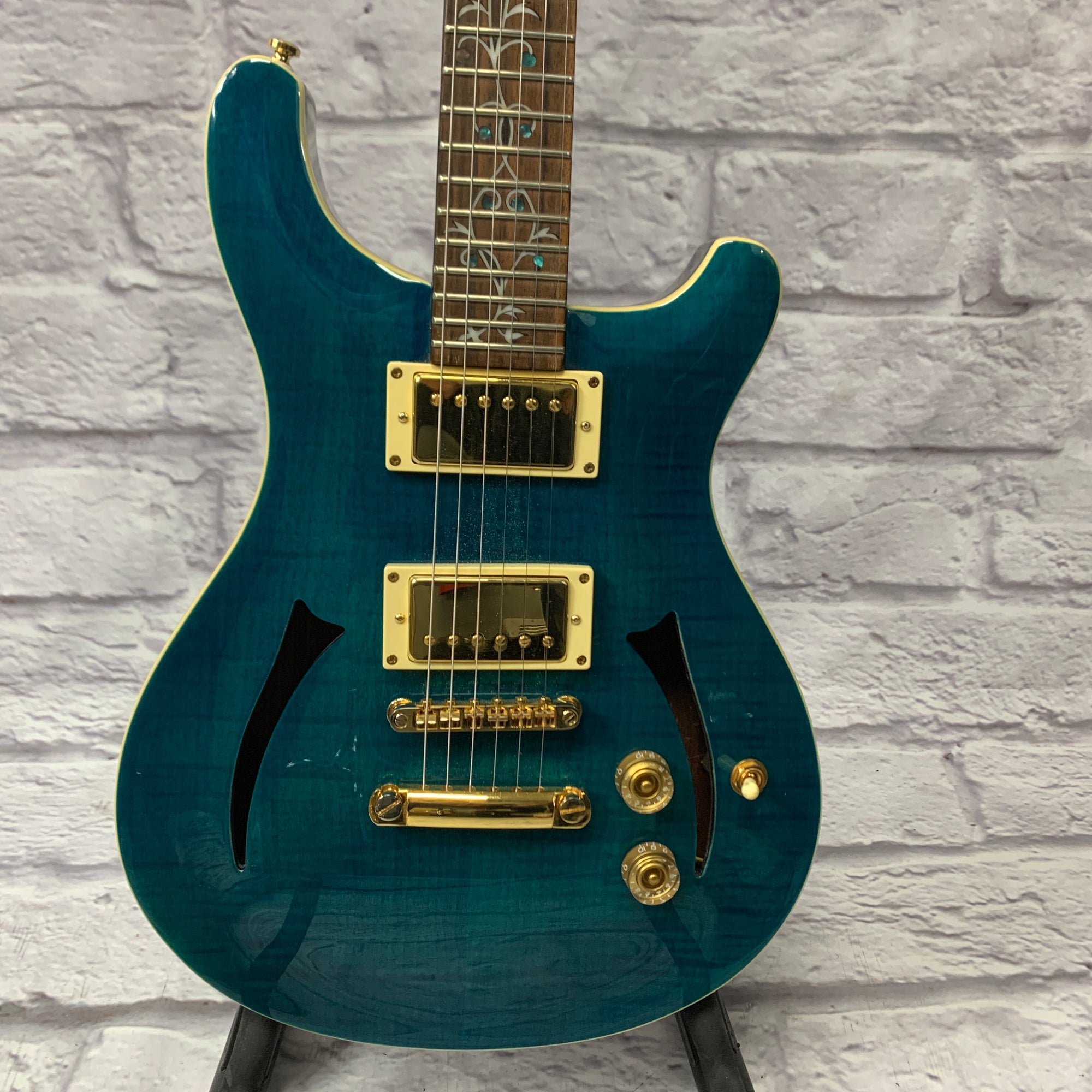 Tradition MTP-450 Semi Hollow Electric Guitar - Transparent Blue, Tree of Life Inlay, Hardshell Case