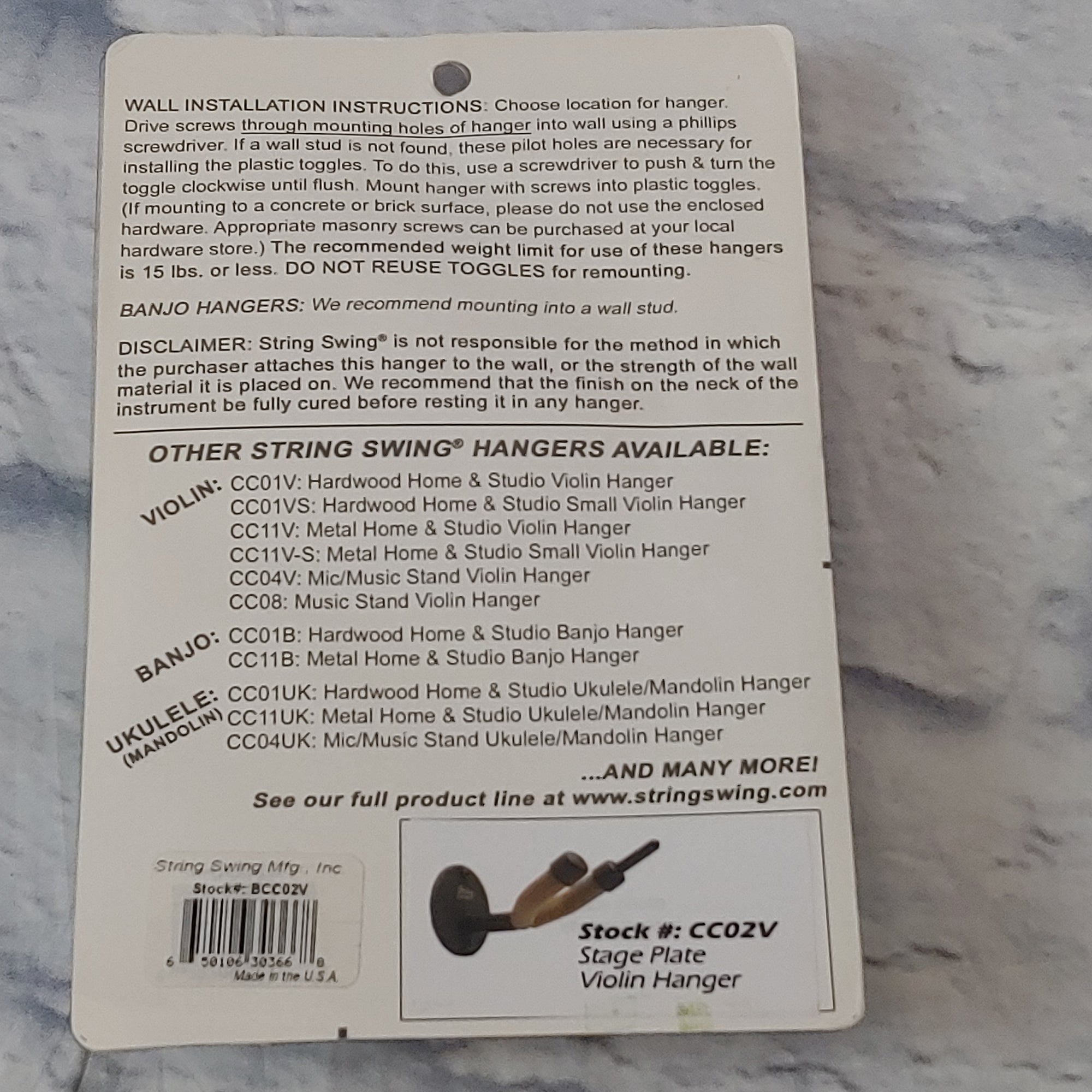 String Swing Violin Wall Hanger w/mounting hardware