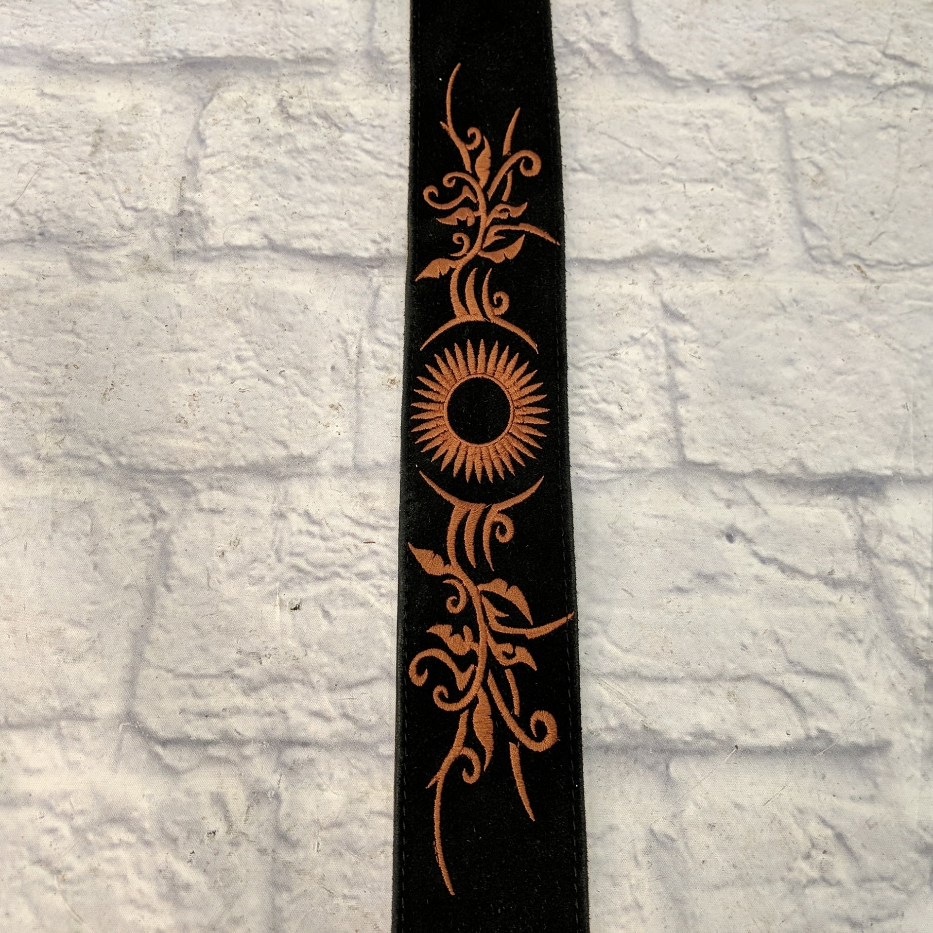Suede Leather 2 1/2in Guitar Strap with Brown Flower Design