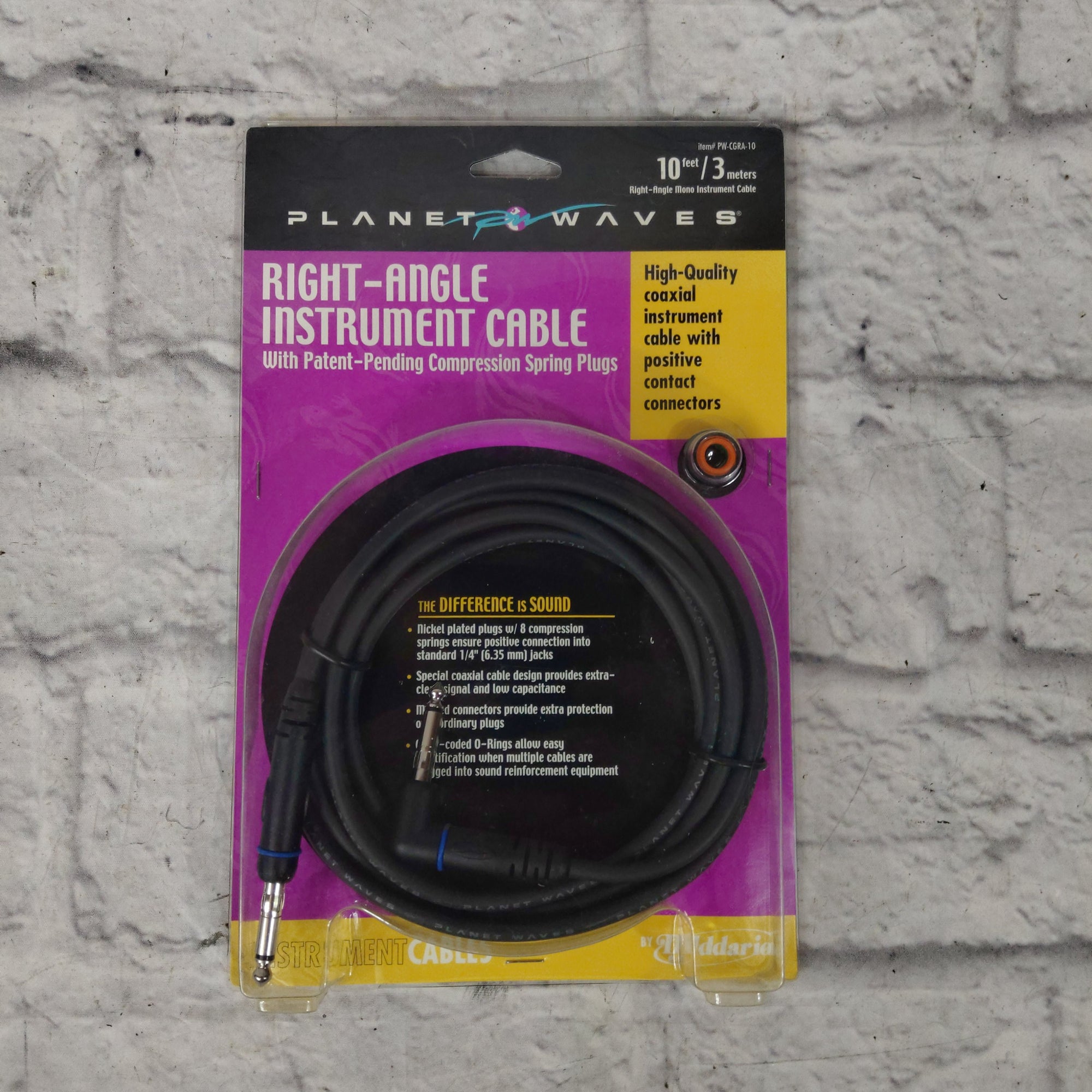 Planet Waves PW-CGRA-10 Straight to Right Angle Instrument Cable With Compression Spring Plugs - 10 foot