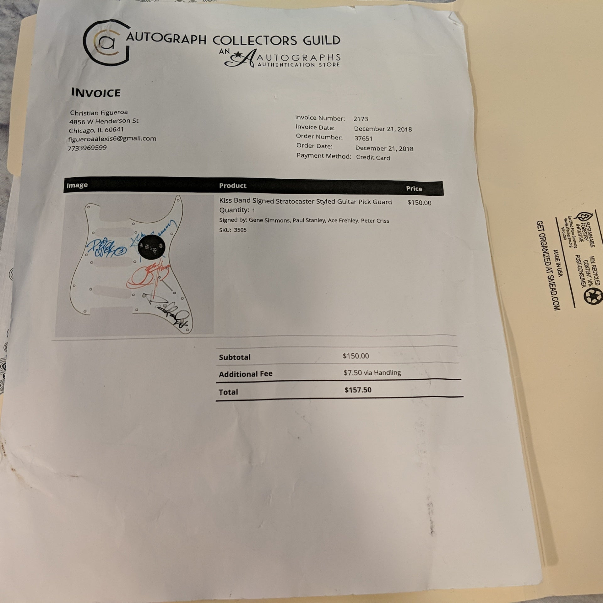 White Strat Pickguard Signed by KISS with Certificate of Authenticity