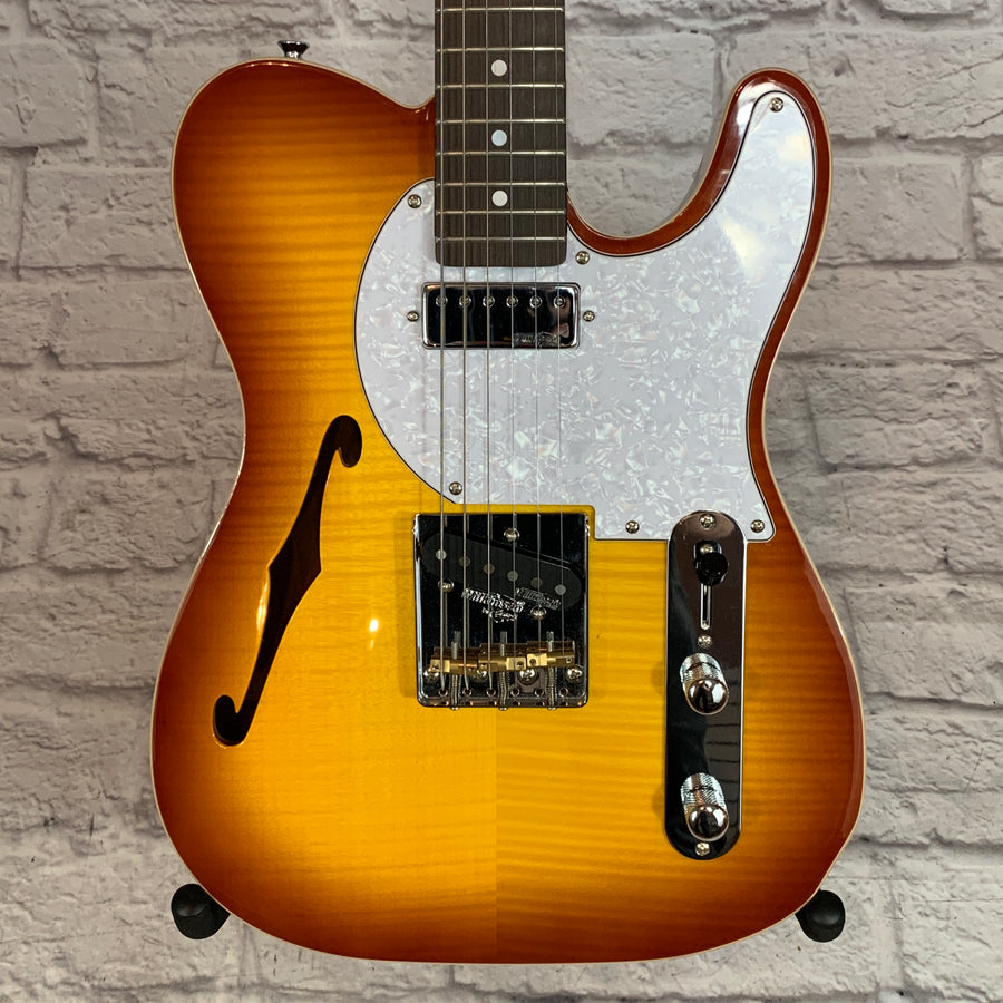 ** Vintage V72‑FTB Singlecut Semi‑Hollow Flamed Tobacco Burst